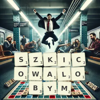 Kreatywna ilustracja do gry w Scrabble ze słowem SZKICOWALOBYM ułożonym z płytek na planszy.