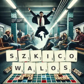 Kreatywna ilustracja do gry w Scrabble ze słowem SZKICOWALOS ułożonym z płytek na planszy.