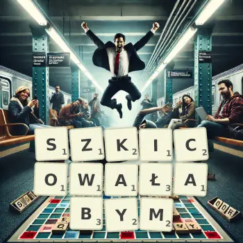 Kreatywna ilustracja do gry w Scrabble ze słowem SZKICOWAŁABYM ułożonym z płytek na planszy.
