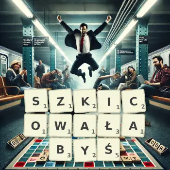 Kreatywna ilustracja do gry w Scrabble ze słowem SZKICOWAŁABYŚ ułożonym z płytek na planszy.