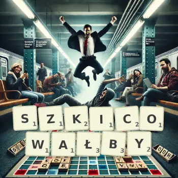 Kreatywna ilustracja do gry w Scrabble ze słowem SZKICOWAŁBY ułożonym z płytek na planszy.