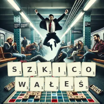 Kreatywna ilustracja do gry w Scrabble ze słowem SZKICOWAŁEŚ ułożonym z płytek na planszy.