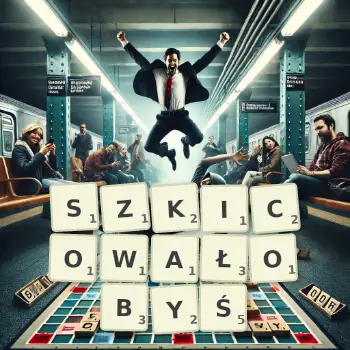 Kreatywna ilustracja do gry w Scrabble ze słowem SZKICOWAŁOBYŚ ułożonym z płytek na planszy.
