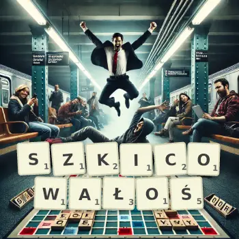 Kreatywna ilustracja do gry w Scrabble ze słowem SZKICOWAŁOŚ ułożonym z płytek na planszy.