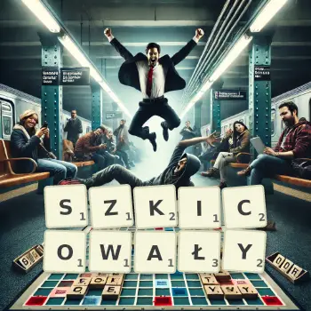 Kreatywna ilustracja do gry w Scrabble ze słowem SZKICOWAŁY ułożonym z płytek na planszy.