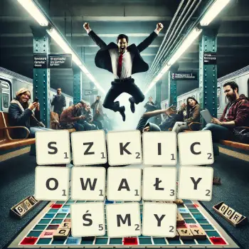 Kreatywna ilustracja do gry w Scrabble ze słowem SZKICOWAŁYŚMY ułożonym z płytek na planszy.