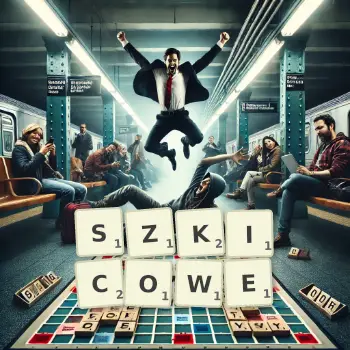 Kreatywna ilustracja do gry w Scrabble ze słowem SZKICOWE ułożonym z płytek na planszy.