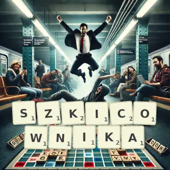 Kreatywna ilustracja do gry w Scrabble ze słowem SZKICOWNIKA ułożonym z płytek na planszy.