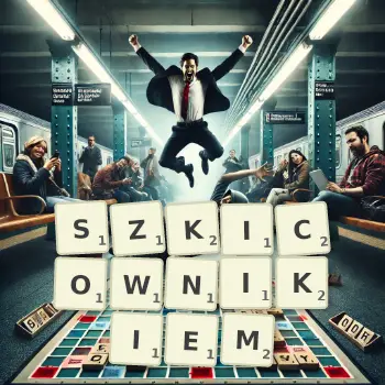 Kreatywna ilustracja do gry w Scrabble ze słowem SZKICOWNIKIEM ułożonym z płytek na planszy.