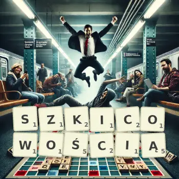 Kreatywna ilustracja do gry w Scrabble ze słowem SZKICOWOŚCIĄ ułożonym z płytek na planszy.