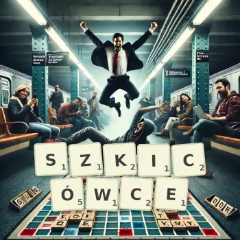 Kreatywna ilustracja do gry w Scrabble ze słowem SZKICÓWCE ułożonym z płytek na planszy.