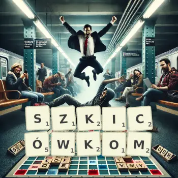 Kreatywna ilustracja do gry w Scrabble ze słowem SZKICÓWKOM ułożonym z płytek na planszy.