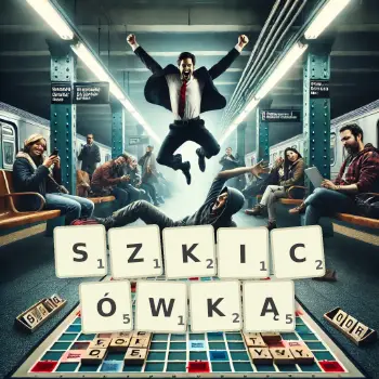 Kreatywna ilustracja do gry w Scrabble ze słowem SZKICÓWKĄ ułożonym z płytek na planszy.