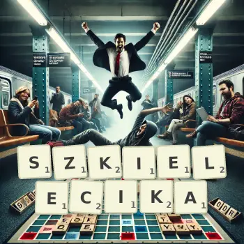 Kreatywna ilustracja do gry w Scrabble ze słowem SZKIELECIKA ułożonym z płytek na planszy.