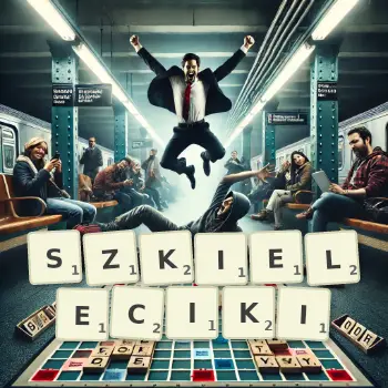 Kreatywna ilustracja do gry w Scrabble ze słowem SZKIELECIKI ułożonym z płytek na planszy.