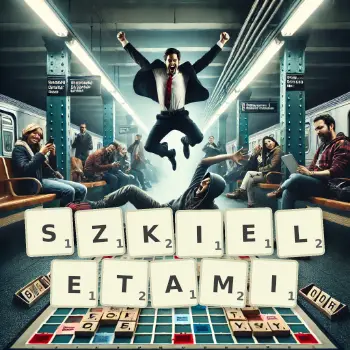 Kreatywna ilustracja do gry w Scrabble ze słowem SZKIELETAMI ułożonym z płytek na planszy.