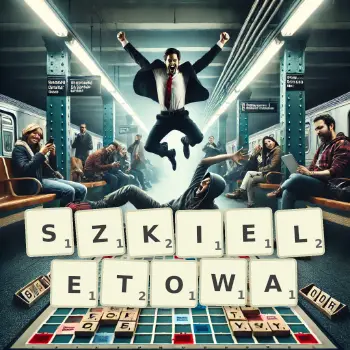 Kreatywna ilustracja do gry w Scrabble ze słowem SZKIELETOWA ułożonym z płytek na planszy.