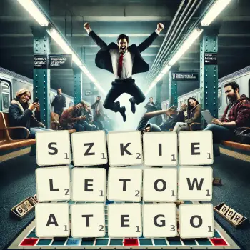 Kreatywna ilustracja do gry w Scrabble ze słowem SZKIELETOWATEGO ułożonym z płytek na planszy.