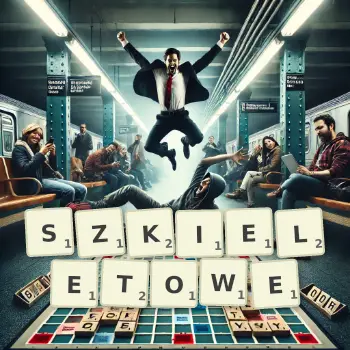 Kreatywna ilustracja do gry w Scrabble ze słowem SZKIELETOWE ułożonym z płytek na planszy.