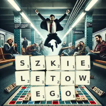 Kreatywna ilustracja do gry w Scrabble ze słowem SZKIELETOWEGO ułożonym z płytek na planszy.