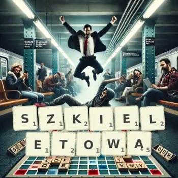 Kreatywna ilustracja do gry w Scrabble ze słowem SZKIELETOWĄ ułożonym z płytek na planszy.