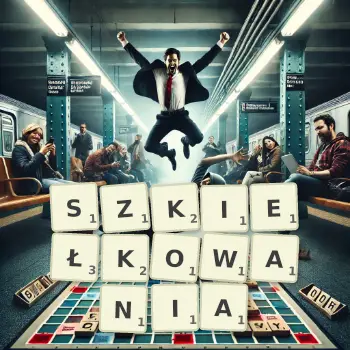 Kreatywna ilustracja do gry w Scrabble ze słowem SZKIEŁKOWANIA ułożonym z płytek na planszy.