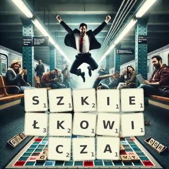 Kreatywna ilustracja do gry w Scrabble ze słowem SZKIEŁKOWICZA ułożonym z płytek na planszy.