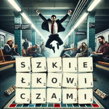Kreatywna ilustracja do gry w Scrabble ze słowem SZKIEŁKOWICZAMI ułożonym z płytek na planszy.