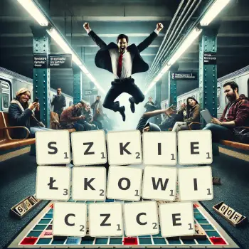 Kreatywna ilustracja do gry w Scrabble ze słowem SZKIEŁKOWICZCE ułożonym z płytek na planszy.