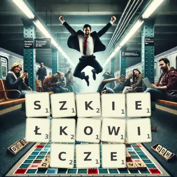 Kreatywna ilustracja do gry w Scrabble ze słowem SZKIEŁKOWICZE ułożonym z płytek na planszy.