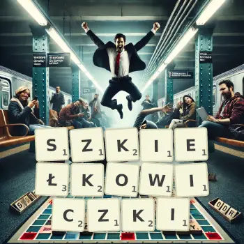 Kreatywna ilustracja do gry w Scrabble ze słowem SZKIEŁKOWICZKI ułożonym z płytek na planszy.