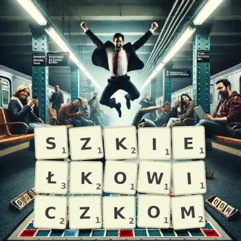 Kreatywna ilustracja do gry w Scrabble ze słowem SZKIEŁKOWICZKOM ułożonym z płytek na planszy.