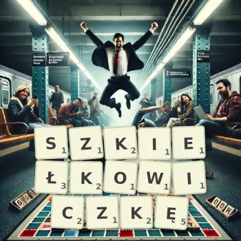 Kreatywna ilustracja do gry w Scrabble ze słowem SZKIEŁKOWICZKĘ ułożonym z płytek na planszy.