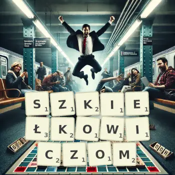 Kreatywna ilustracja do gry w Scrabble ze słowem SZKIEŁKOWICZOM ułożonym z płytek na planszy.