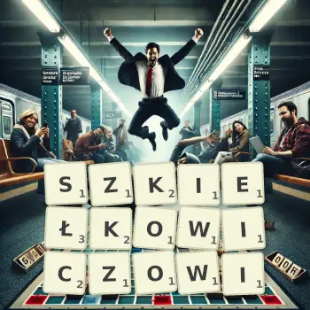 Kreatywna ilustracja do gry w Scrabble ze słowem SZKIEŁKOWICZOWI ułożonym z płytek na planszy.