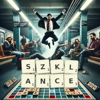 Kreatywna ilustracja do gry w Scrabble ze słowem SZKLANCE ułożonym z płytek na planszy.