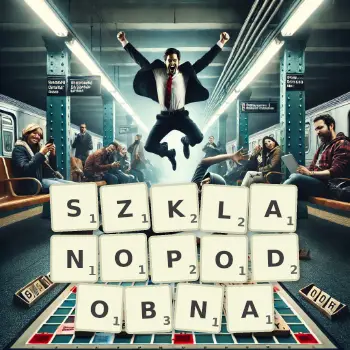 Kreatywna ilustracja do gry w Scrabble ze słowem SZKLANOPODOBNA ułożonym z płytek na planszy.