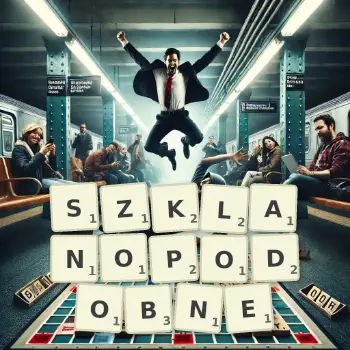 Kreatywna ilustracja do gry w Scrabble ze słowem SZKLANOPODOBNE ułożonym z płytek na planszy.