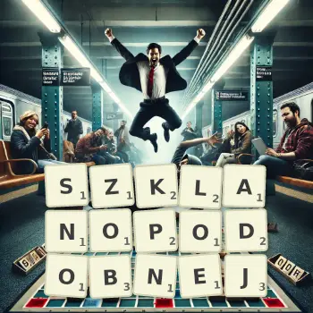 Kreatywna ilustracja do gry w Scrabble ze słowem SZKLANOPODOBNEJ ułożonym z płytek na planszy.