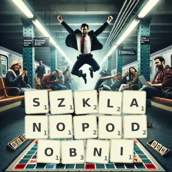 Kreatywna ilustracja do gry w Scrabble ze słowem SZKLANOPODOBNI ułożonym z płytek na planszy.