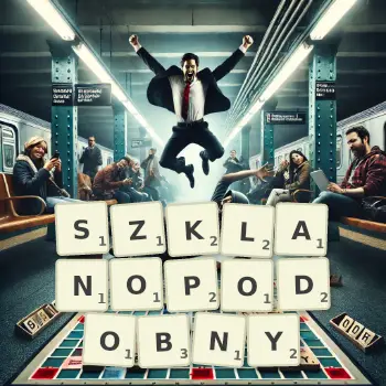 Kreatywna ilustracja do gry w Scrabble ze słowem SZKLANOPODOBNY ułożonym z płytek na planszy.