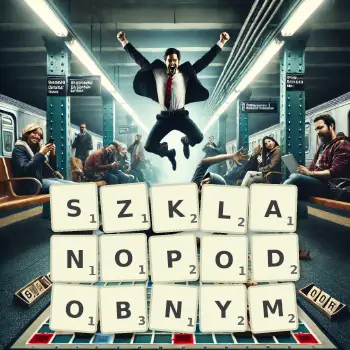 Kreatywna ilustracja do gry w Scrabble ze słowem SZKLANOPODOBNYM ułożonym z płytek na planszy.