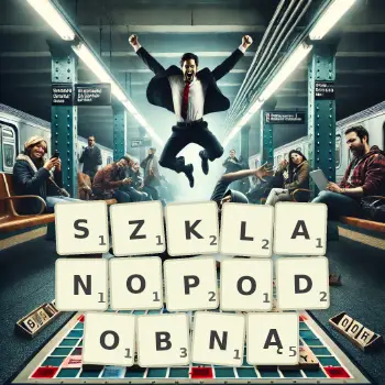 Kreatywna ilustracja do gry w Scrabble ze słowem SZKLANOPODOBNĄ ułożonym z płytek na planszy.