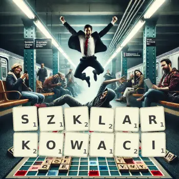 Kreatywna ilustracja do gry w Scrabble ze słowem SZKLARKOWACI ułożonym z płytek na planszy.