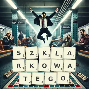 Kreatywna ilustracja do gry w Scrabble ze słowem SZKLARKOWATEGO ułożonym z płytek na planszy.