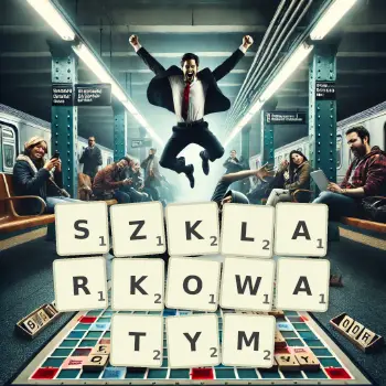Kreatywna ilustracja do gry w Scrabble ze słowem SZKLARKOWATYM ułożonym z płytek na planszy.