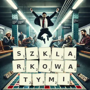 Kreatywna ilustracja do gry w Scrabble ze słowem SZKLARKOWATYMI ułożonym z płytek na planszy.