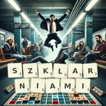 Kreatywna ilustracja do gry w Scrabble ze słowem SZKLARNIAMI ułożonym z płytek na planszy.