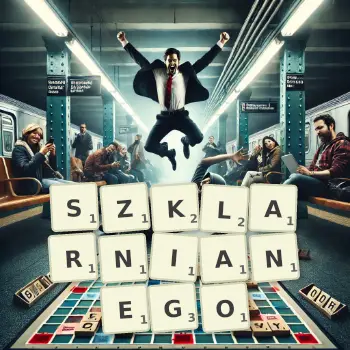 Kreatywna ilustracja do gry w Scrabble ze słowem SZKLARNIANEGO ułożonym z płytek na planszy.