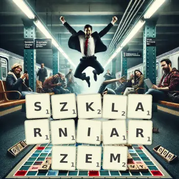 Kreatywna ilustracja do gry w Scrabble ze słowem SZKLARNIARZEM ułożonym z płytek na planszy.